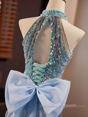 Blue Halter Beading Sequin Mermaid Semi Formal Prom Dress With Detachable Bow