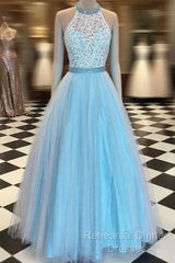 Blue High Neck Lace Tulle Long Semi Formal Prom Dress, Blue Evening Dress