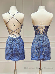 Blue Lace Short Semi Formal Prom Dresses, Blue Homecoming Dresses