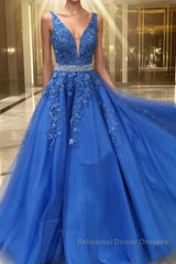 Blue lace tulle long Semi Formal Prom Dresses, blue tulle lace evening Dresses
