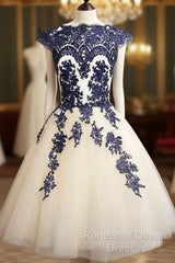 Blue Lace Tulle Short Semi Formal Prom Dress, Homecoming Dress, Bridesmaid Dress