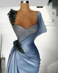 Blue Mermaid Sweetheart Satin Long Semi Formal Prom Dress Beaded One Shoulder Formal Evening Dress