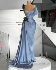 Blue Mermaid Sweetheart Satin Long Semi Formal Prom Dress Beaded One Shoulder Formal Evening Dress