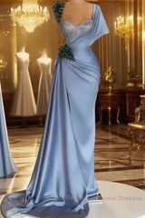 Blue Mermaid Sweetheart Satin Long Semi Formal Prom Dress Beaded One Shoulder Formal Evening Dress