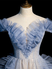 Blue Off Shoulder Tulle Sequin Beading Long Semi Formal Prom Dress, Blue Formal Dress