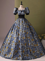 Blue Print Short Sleeve Quinceanera Dress