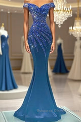 Blue Robe De Soiree Mermaid Off The Shoulder Beaded Crystals Long Semi Formal Prom Dresses Semi Formal Prom Gown Evening Dresses