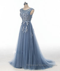 Blue round neck tulle lace applique long Semi Formal Prom Dresses, blue evening Dresses