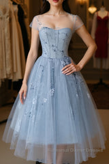 Blue round neck tulle lace short Semi Formal Prom Dresses, blue homecoming Dresses