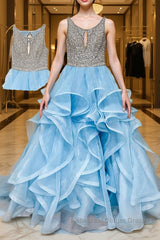 Blue round neck tulle sequin long Semi Formal Prom Dresses blue tulle formal Dresses