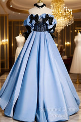 Blue Satin A-Line Long Semi Formal Prom Dress With Black Bow, Off The Shoulder Blue Long Party Dress