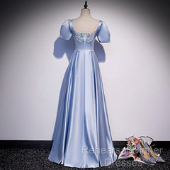 Blue Satin Beaded A-Line Long Party Dress, Blue Semi Formal Prom Party Dresses Formal Dress