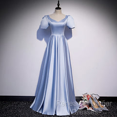 Blue Satin Beaded A-Line Long Party Dress, Blue Semi Formal Prom Party Dresses Formal Dress