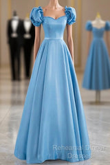 Blue Satin Beaded Floor Length Semi Formal Prom Dress, Blue A-Line Short Sleeve Evening Dress