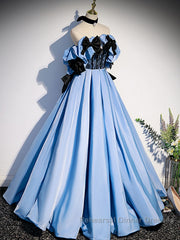 Blue satin lace long Semi Formal Prom Dresses blue satin evening Dresses