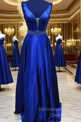 Blue Satin Long A Line Semi Formal Prom Dress Evening Dress