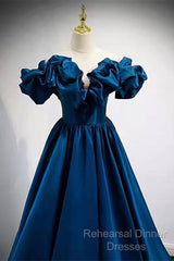 Blue Satin Long Off Shoulder A-Line Semi Formal Prom Dress, Blue Sweetheart Evening Dress