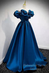 Blue Satin Long Off Shoulder A-Line Semi Formal Prom Dress, Blue Sweetheart Evening Dress
