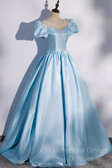 Blue Satin Long Semi Formal Prom Dress, Blue A-Line Scoop Neckline Short Sleeve Evening Dress