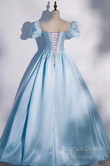 Blue Satin Long Semi Formal Prom Dress, Blue A-Line Scoop Neckline Short Sleeve Evening Dress