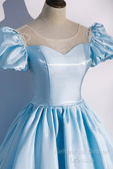 Blue Satin Long Semi Formal Prom Dress, Blue A-Line Scoop Neckline Short Sleeve Evening Dress