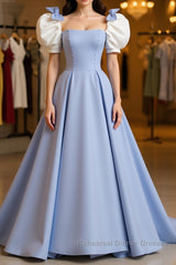 Blue Satin Long Semi Formal Prom Dresses, Blue Formal Graduation Dresses