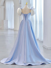 Blue Satin Long Semi Formal Prom Dresses, Blue Formal Graduation Dresses