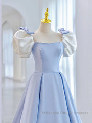 Blue Satin Long Semi Formal Prom Dresses, Blue Formal Graduation Dresses