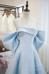 Blue Satin Spaghetti Strap Long Semi Formal Prom Dress With Big Bow, Blue A-Line Evening Party Dress