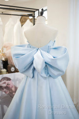 Blue Satin Spaghetti Strap Long Semi Formal Prom Dress With Big Bow, Blue A-Line Evening Party Dress