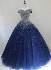 Blue Sequins Ball Gown Off Shoulder Party Dress Blue Sweet 16 Gown prom dresses shops