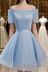 Blue Short Sleeves Lace-up Organza Bow Semi Formal Prom Dresses, Homecoming Dresses
