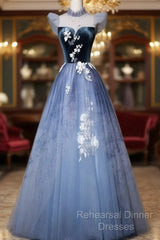 Blue Short Sleeves Tulle With Lace Long Party Dress, Blue Formal Gowns