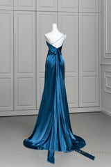 Blue Soft Satin Long Semi Formal Prom Dress With Leg Slit, Blue Evening Dress Formal Dress