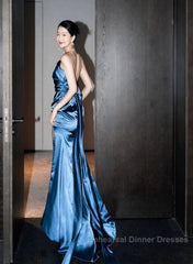 Blue Soft Satin Long Semi Formal Prom Dress With Leg Slit, Blue Evening Dress Formal Dress