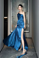 Blue Soft Satin Long Semi Formal Prom Dress With Leg Slit, Blue Evening Dress Formal Dress