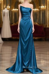Blue Soft Satin Long Semi Formal Prom Dress With Leg Slit, Blue Evening Dress Formal Dress