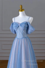 Blue Spaghetti Strap Tulle Long Semi Formal Prom Dress, Beautiful A-Line Evening Dress