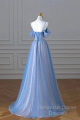 Blue Spaghetti Strap Tulle Long Semi Formal Prom Dress, Beautiful A-Line Evening Dress