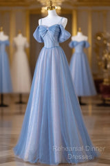 Blue Spaghetti Strap Tulle Long Semi Formal Prom Dress, Beautiful A-Line Evening Dress