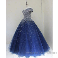 Blue Sparkle Off Shoulder Ball Party Dress Handmade Beaded Party Dress Elegant Semi Formal Prom Dress Evening Dress