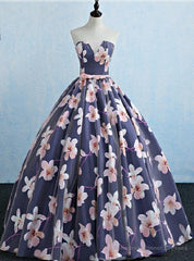 Blue Strapless Print Quinceanera Dress