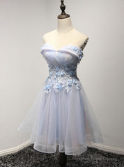 Blue Strapless Tulle Appliques Knee Length Homecoming Dress