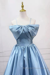 Blue Sweet A-Line Spaghetti Strap Satin Long Semi Formal Prom Dress Evening Party Dress