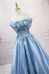 Blue Sweet A-Line Spaghetti Strap Satin Long Semi Formal Prom Dress Evening Party Dress