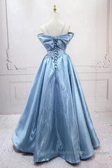 Blue Sweet A-Line Spaghetti Strap Satin Long Semi Formal Prom Dress Evening Party Dress