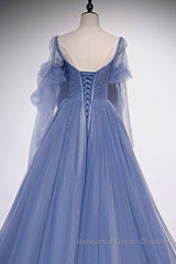 Blue sweetheart tulle sequin long Semi Formal Prom Dresses blue formal Dresses