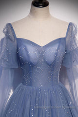 Blue sweetheart tulle sequin long Semi Formal Prom Dresses blue formal Dresses