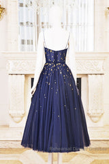 Blue Tea Length Tulle Semi Formal Prom Dress, Blue Tulle Bridesmaid Dress