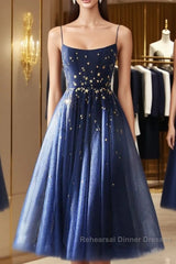 Blue Tea Length Tulle Semi Formal Prom Dress, Blue Tulle Bridesmaid Dress